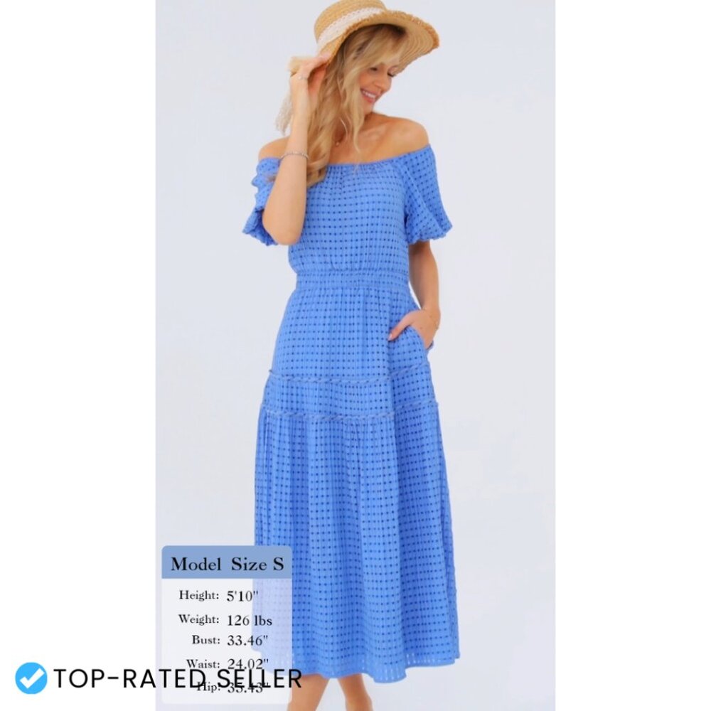 Off Shoulder Smocked Maxi Dress Flowy Boho Summer Casual Puff Sleeve - Picture 7 of 7